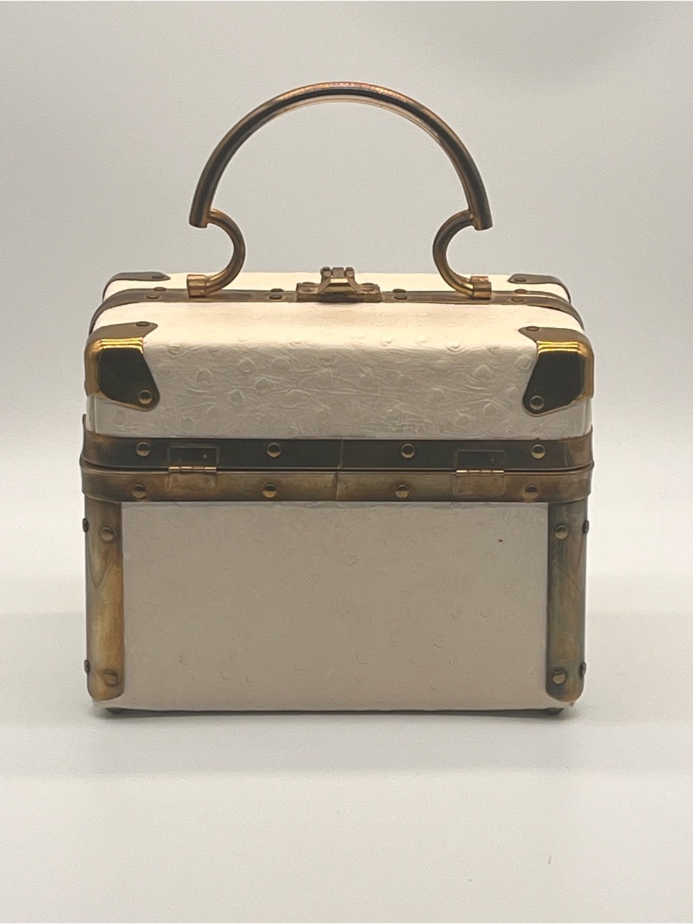 Lizette Vintage Train Case Purse Vanity Box Handbag Embossed Leather Gold/Brass - Picture 2 of 12